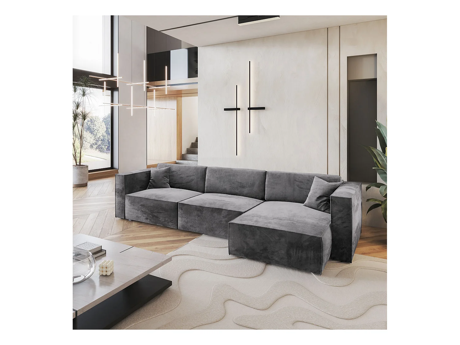 Canapé d'angle TOLMO Gris en velours avec fonction de couchage