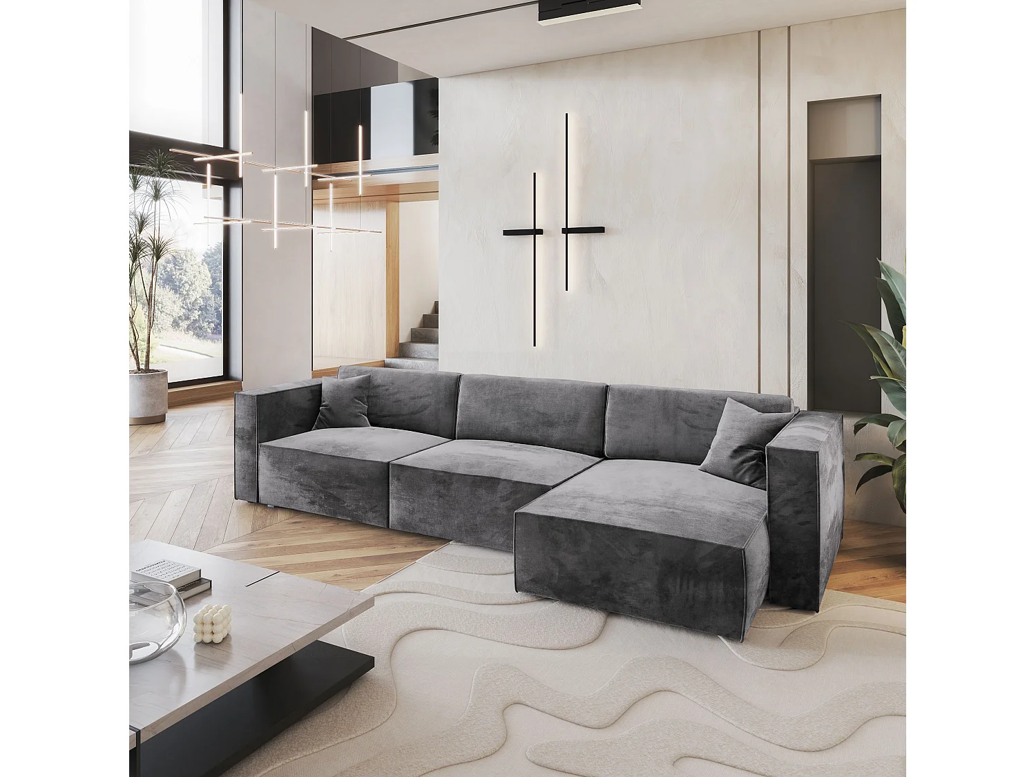 Canapé d'angle TOLMO Gris en velours avec fonction de couchage