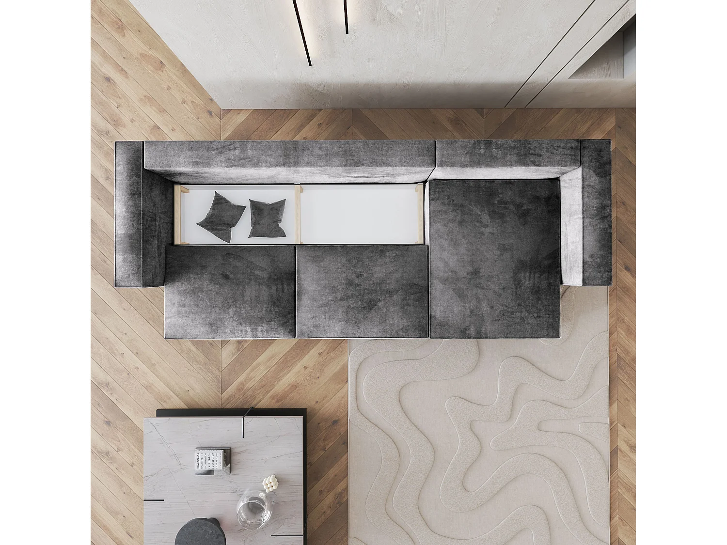 Canapé d'angle TOLMO Gris en velours avec fonction de couchage