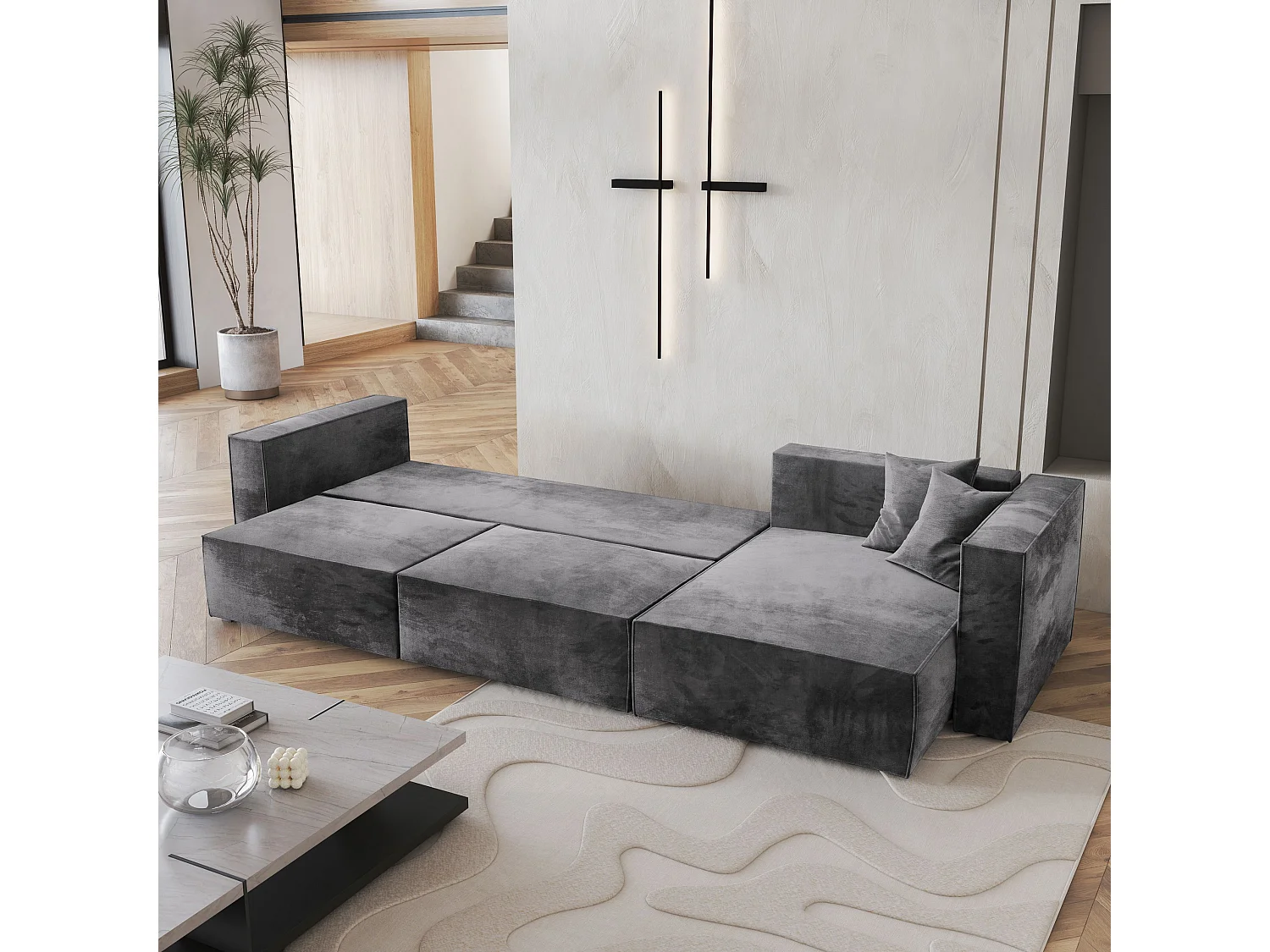 Canapé d'angle TOLMO Gris en velours avec fonction de couchage