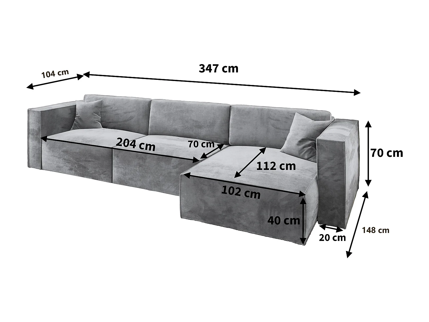 Canapé d'angle TOLMO Gris en velours avec fonction de couchage