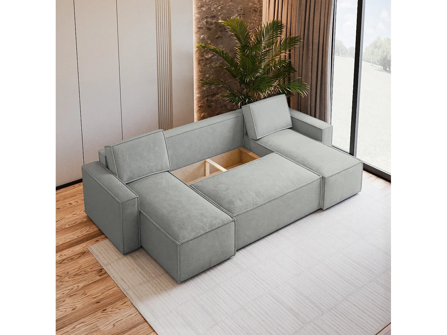 Canapé d'angle PESANO Gris clair en velours avec fonction de couchage