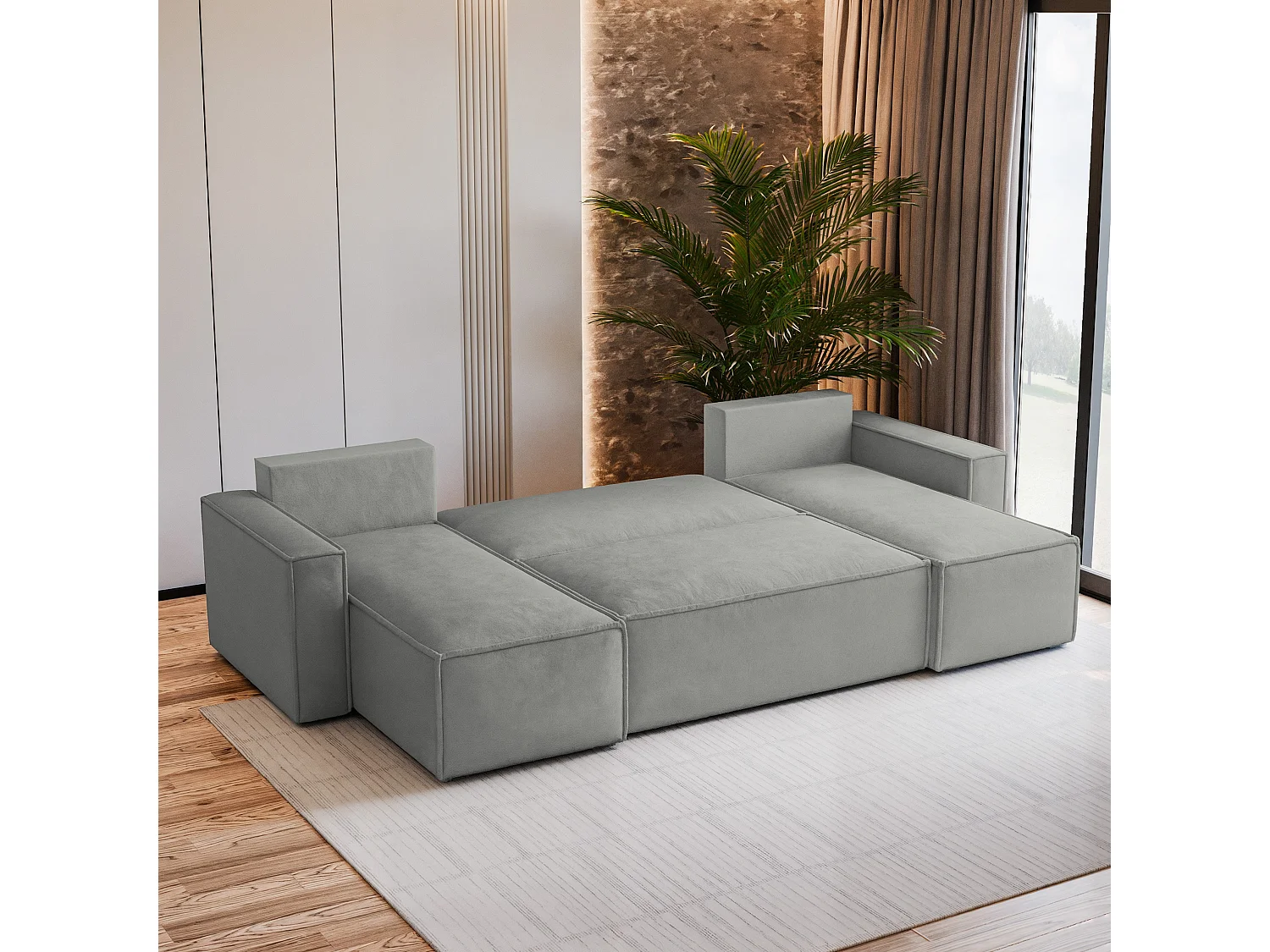 Canapé d'angle PESANO Gris clair en velours avec fonction de couchage
