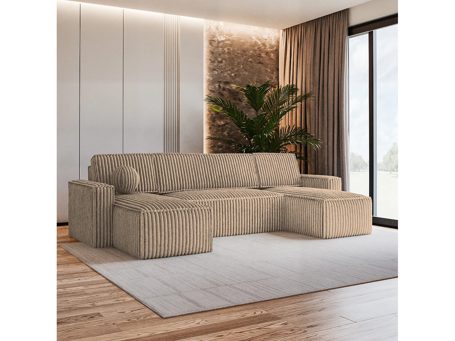 Canapé d'angle PESANO Beige en velours côtelé avec fonction de couchage