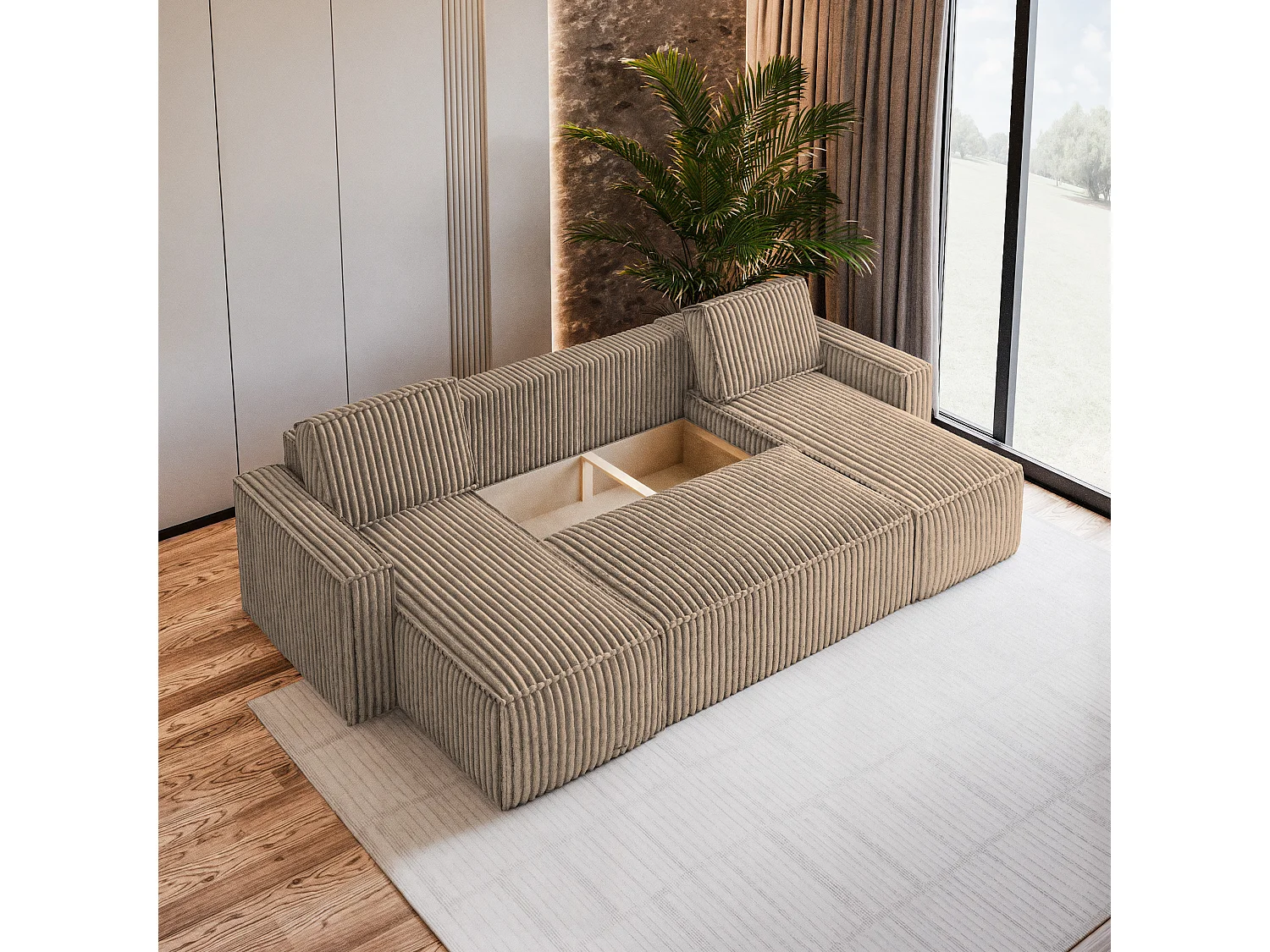 Canapé d'angle PESANO Beige en velours côtelé avec fonction de couchage