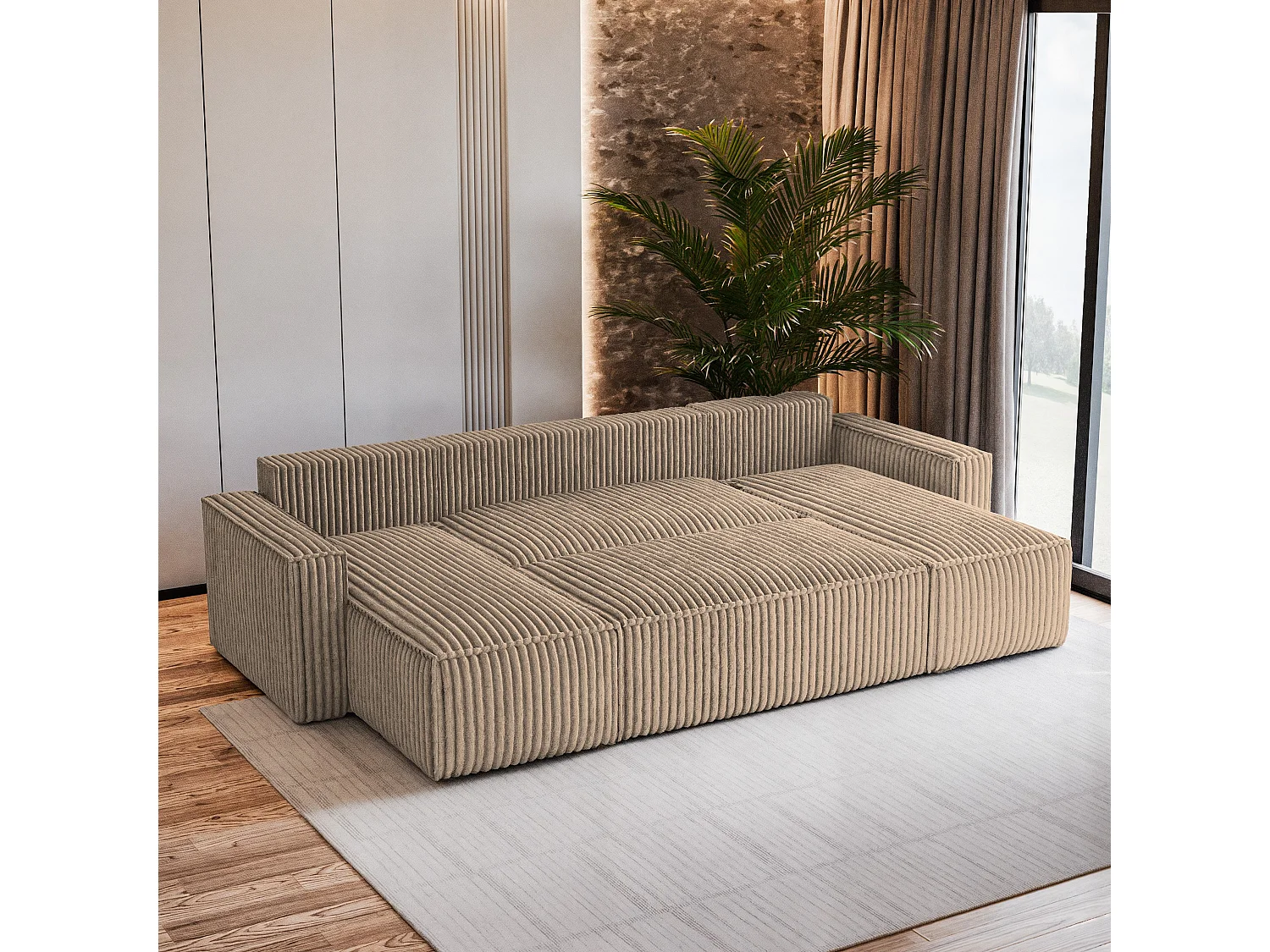 Canapé d'angle PESANO Beige en velours côtelé avec fonction de couchage