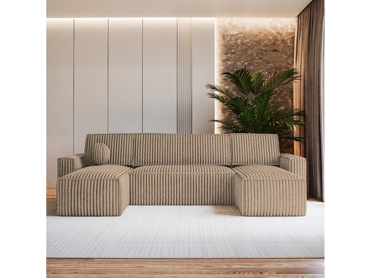 Canapé d'angle PESANO Beige en velours côtelé avec fonction de couchage