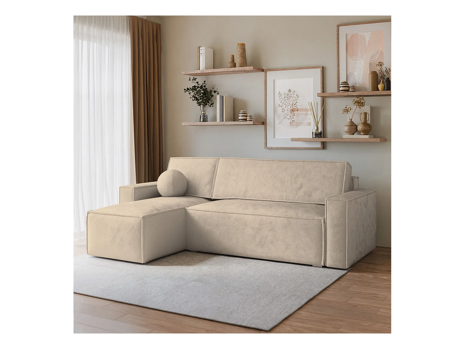 Canapé d'angle RAVELO Crème en velours avec fonction de couchage