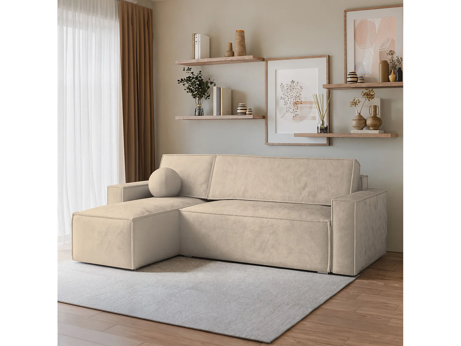 Canapé d'angle RAVELO Crème en velours avec fonction de couchage