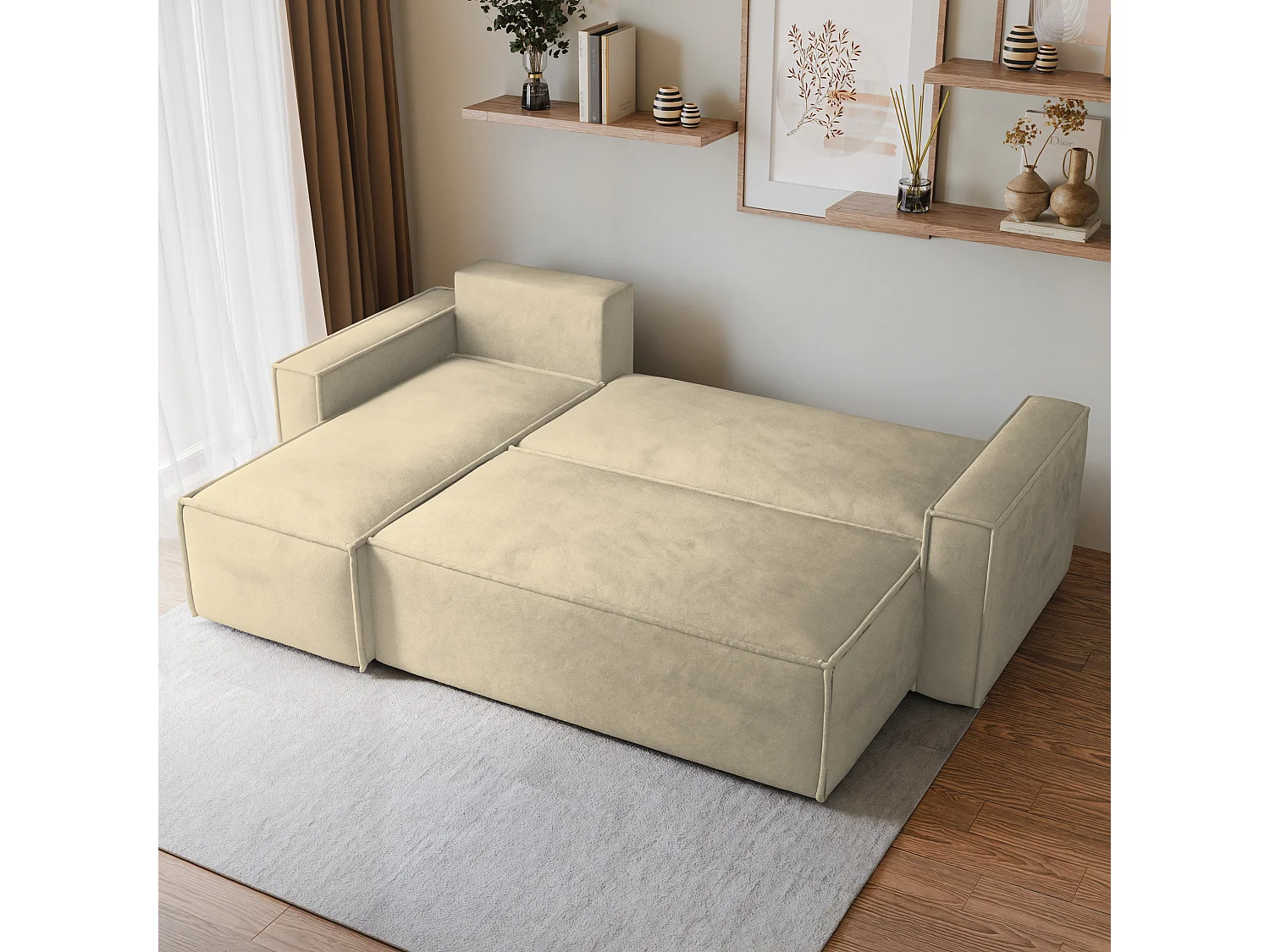 Canapé d'angle RAVELO Crème en velours avec fonction de couchage