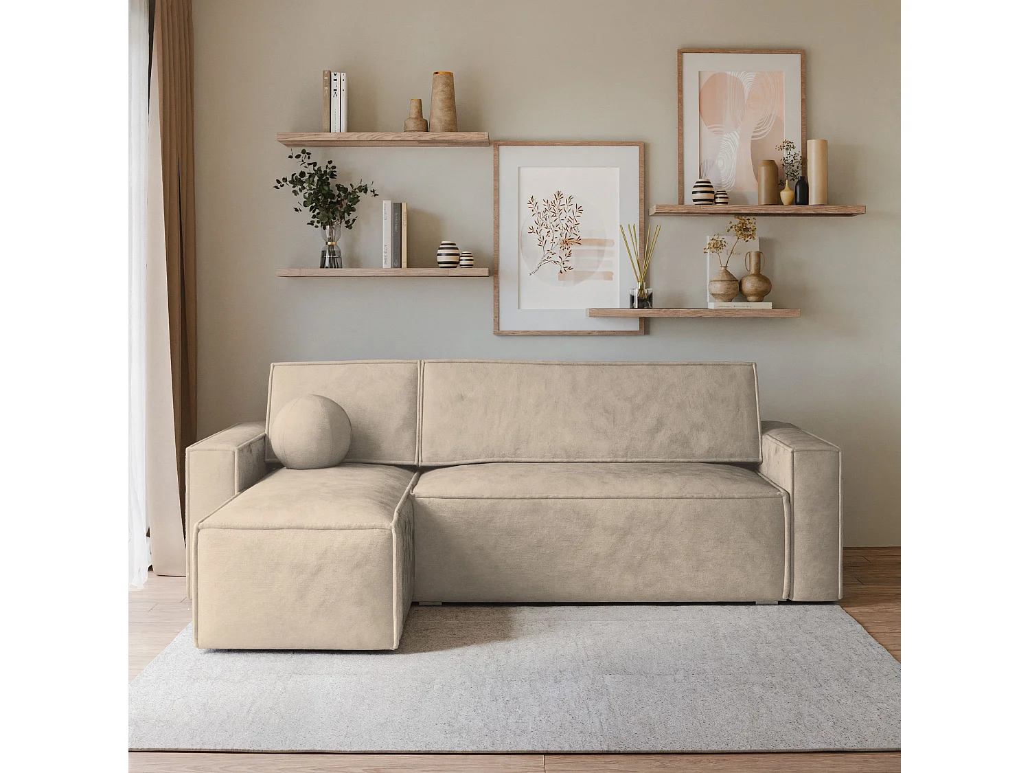 Canapé d'angle RAVELO Crème en velours avec fonction de couchage