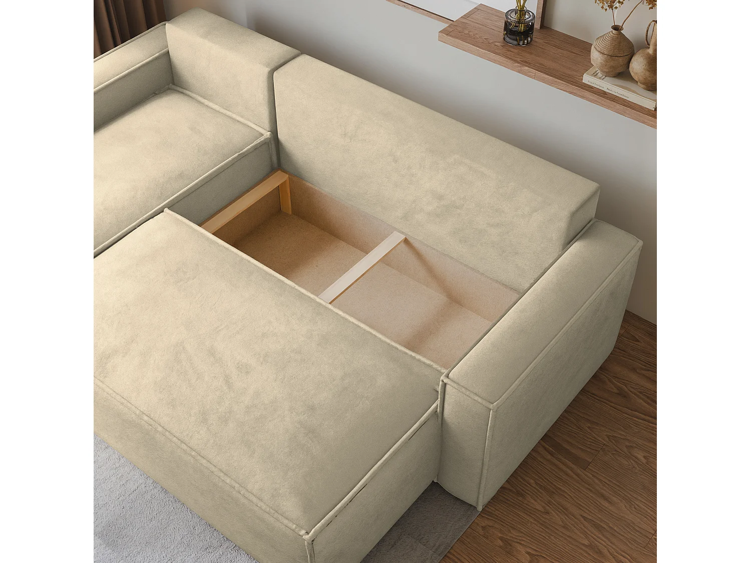 Canapé d'angle RAVELO Crème en velours avec fonction de couchage