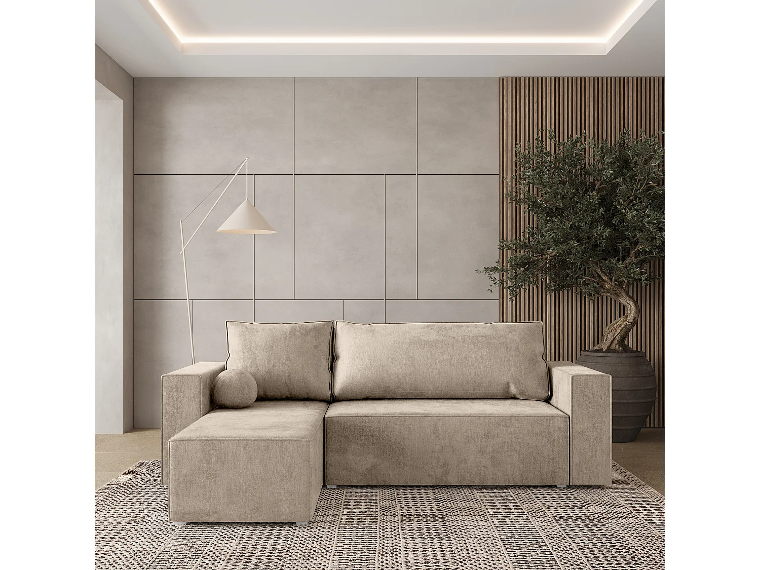 Canapé d'angle RAVELO Crème en velours avec fonction de couchage