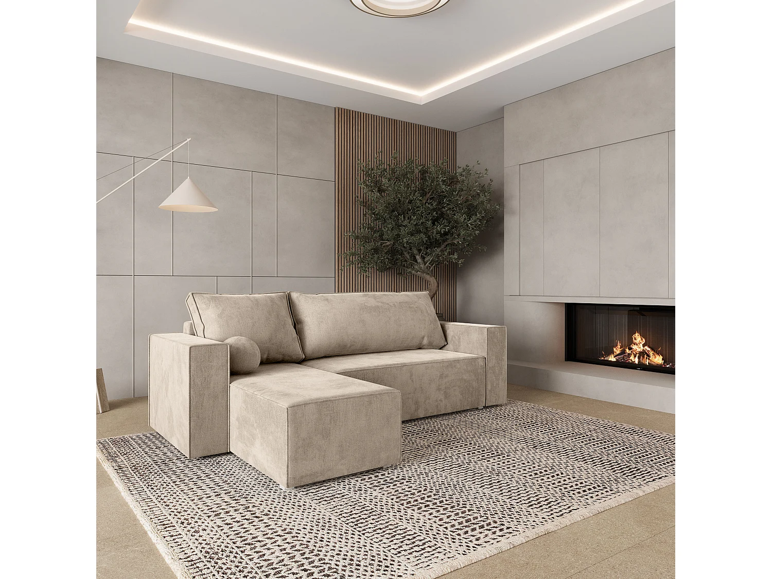 Canapé d'angle RAVELO Crème en velours avec fonction de couchage