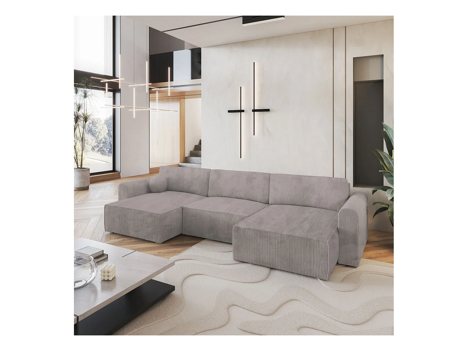 Canapé d'angle FENTO Beige en velours côtelé avec fonction de couchage
