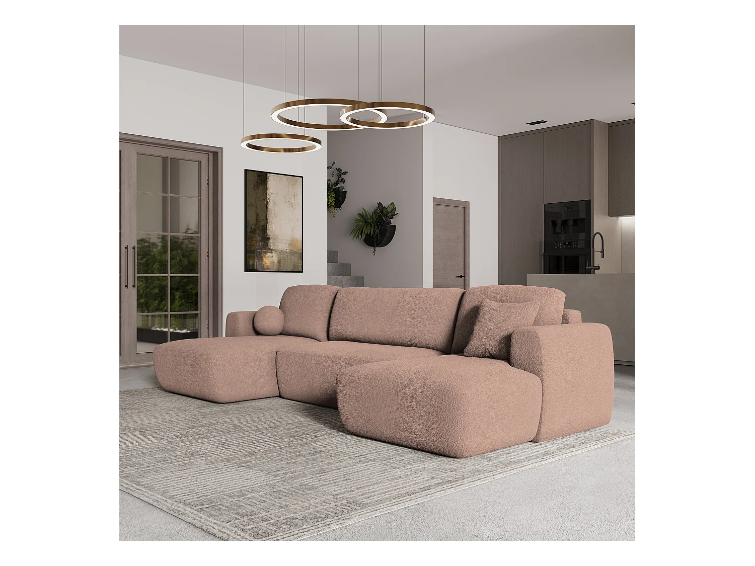 Canapé d'angle SENTUM Rose poudré en bouclé avec fonction de couchage