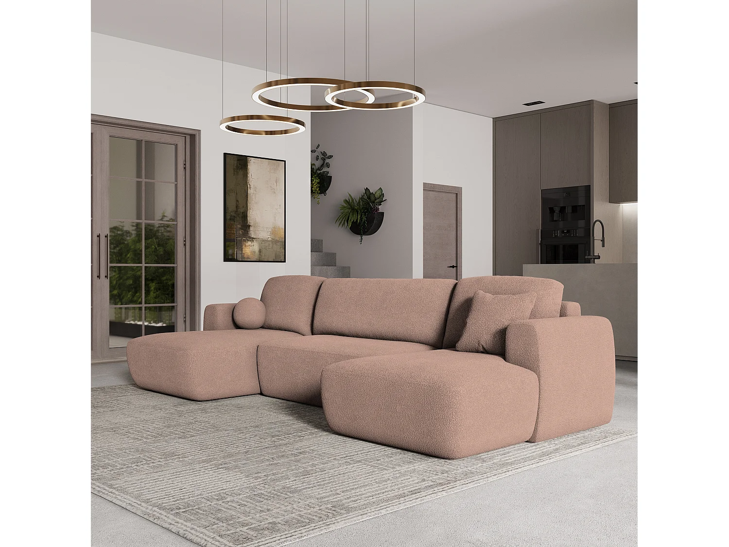 Canapé d'angle SENTUM Rose poudré en bouclé avec fonction de couchage