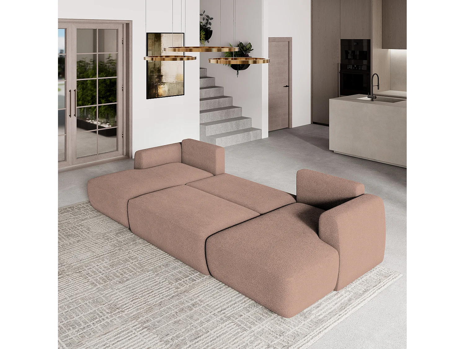 Canapé d'angle SENTUM Rose poudré en bouclé avec fonction de couchage