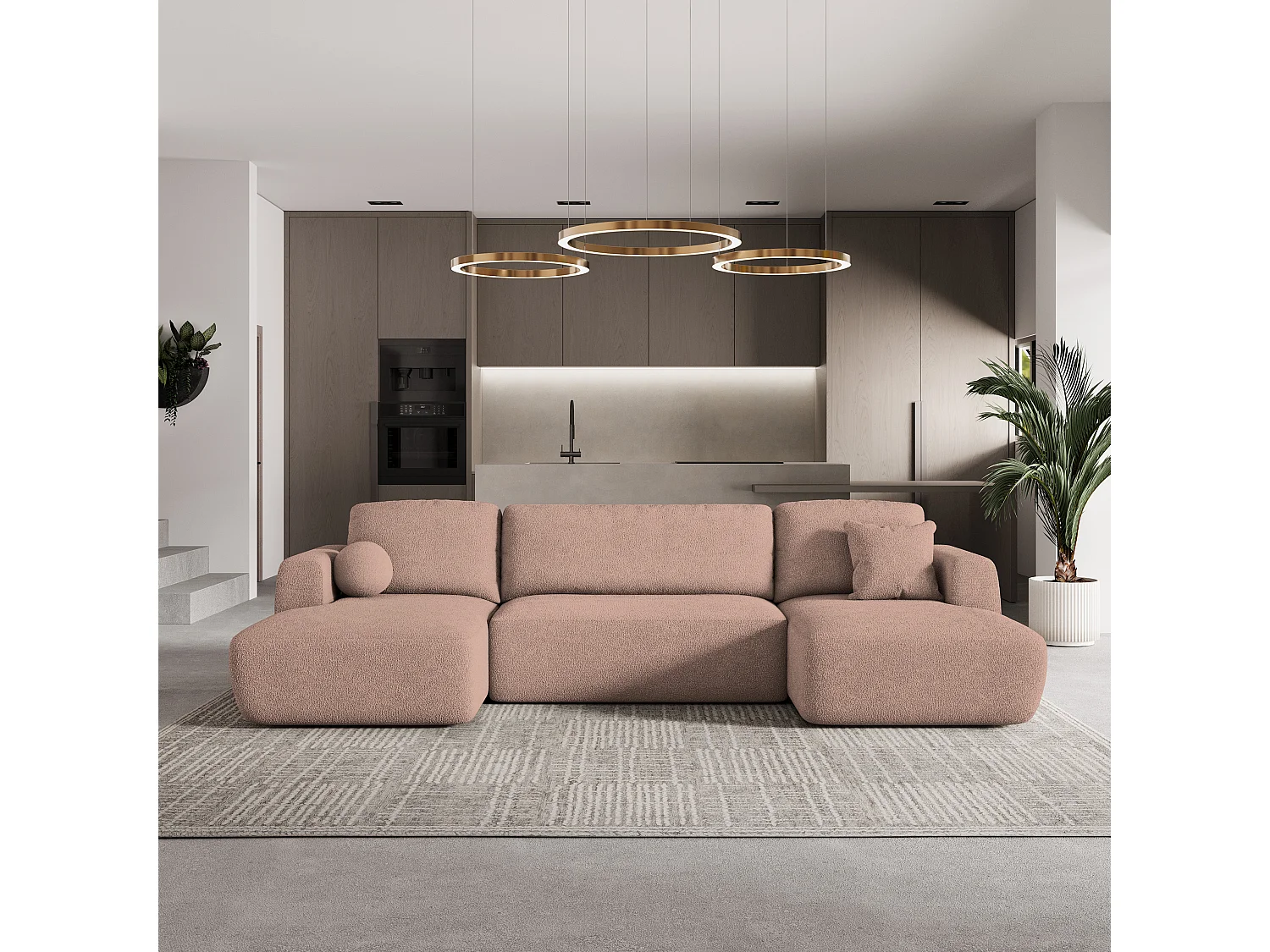 Canapé d'angle SENTUM Rose poudré en bouclé avec fonction de couchage