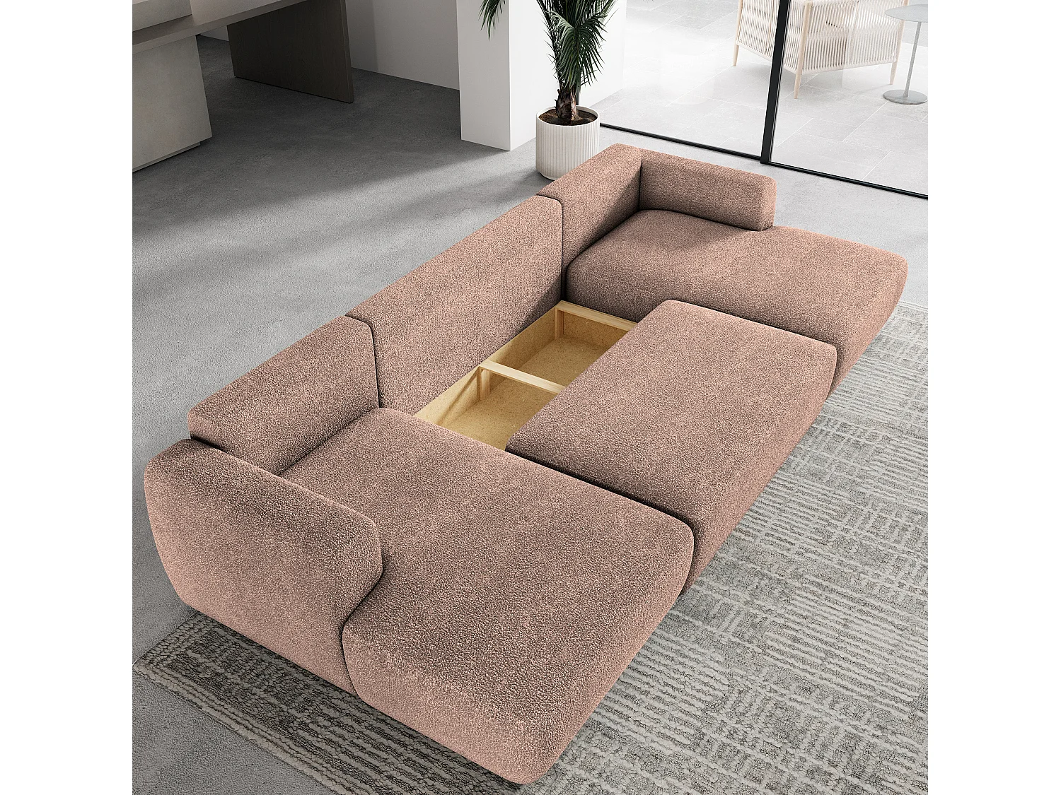 Canapé d'angle SENTUM Rose poudré en bouclé avec fonction de couchage