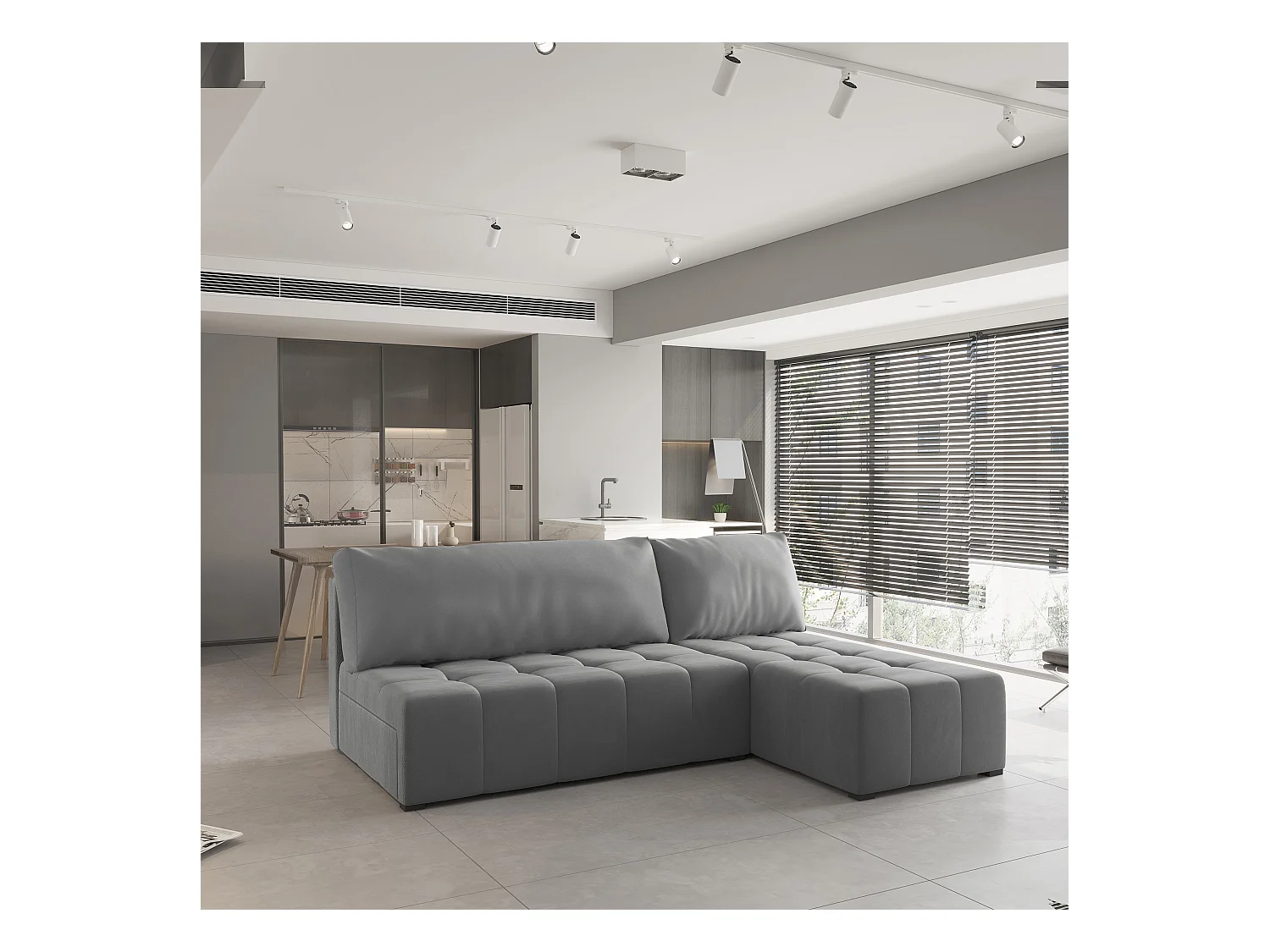 Canapé d'angle DOMIRA Gris en peluche avec fonction de couchage