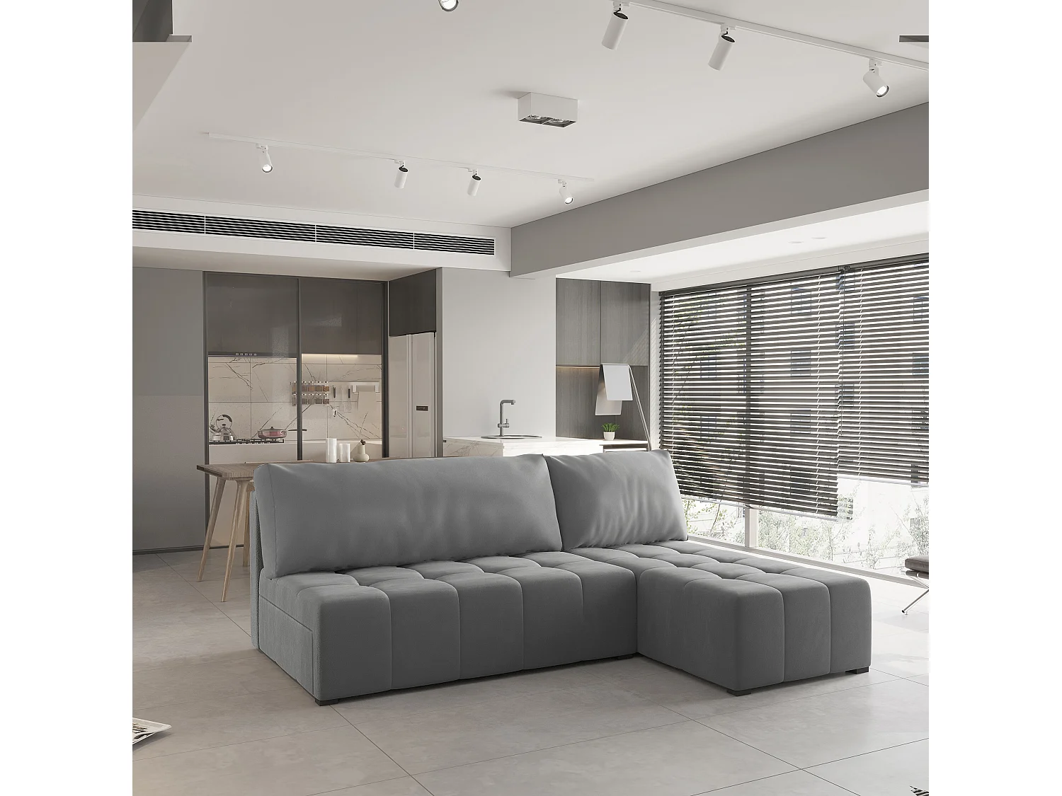 Canapé d'angle DOMIRA Gris en peluche avec fonction de couchage