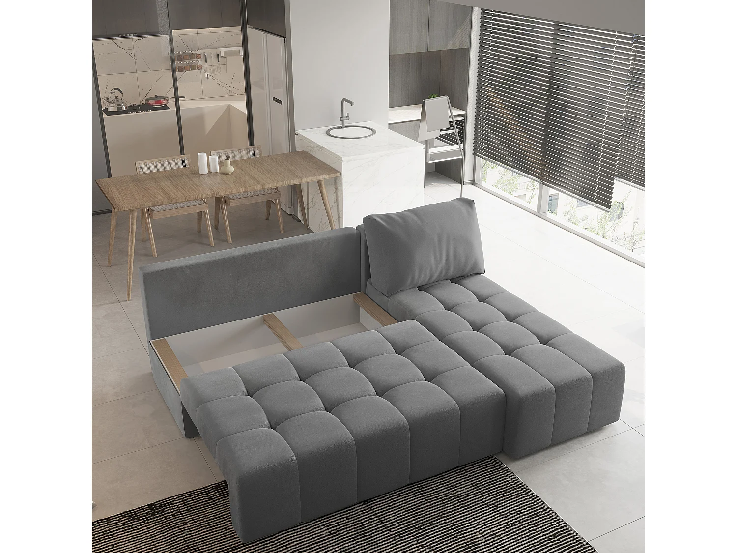 Canapé d'angle DOMIRA Gris en peluche avec fonction de couchage