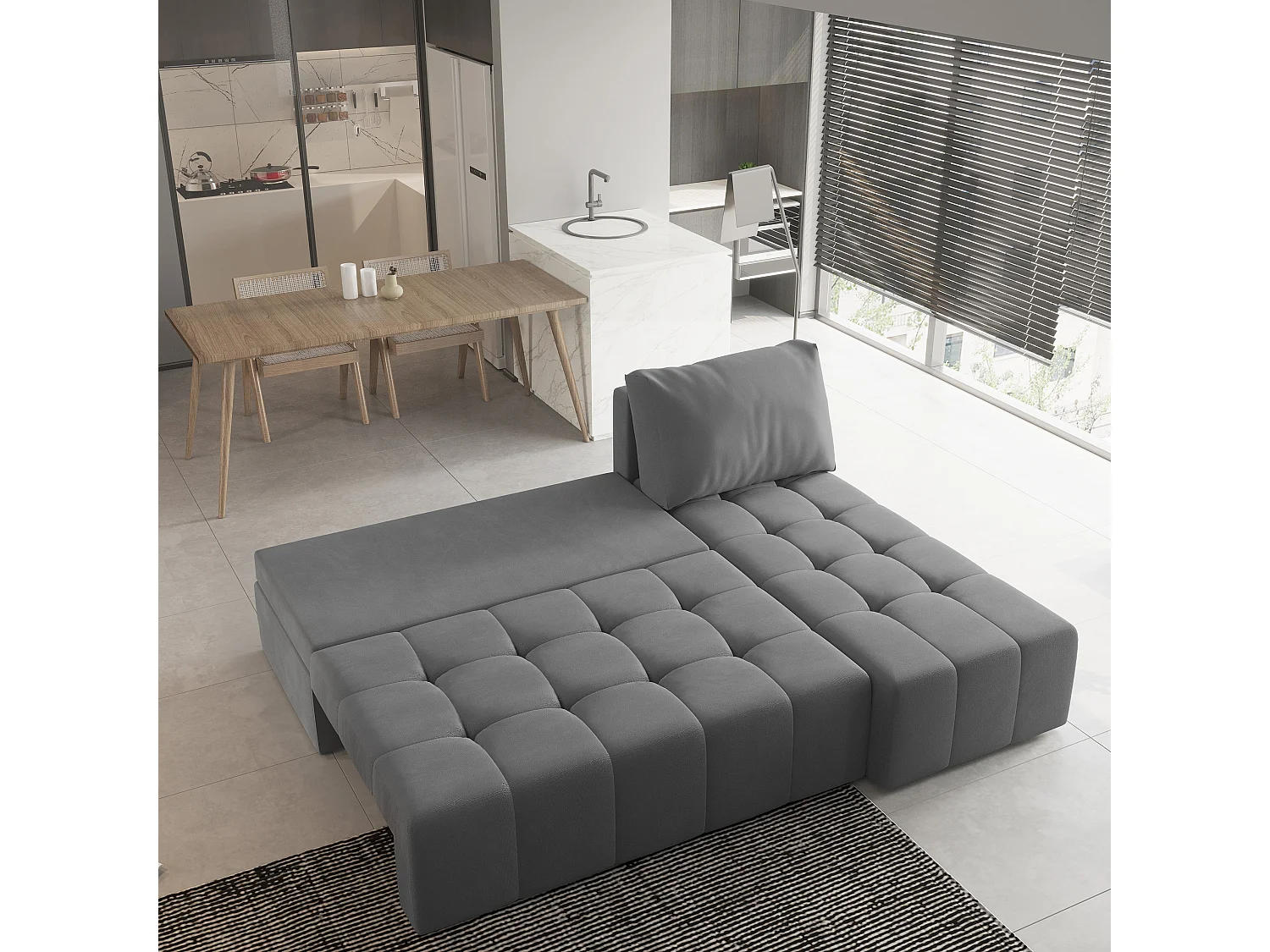 Canapé d'angle DOMIRA Gris en peluche avec fonction de couchage