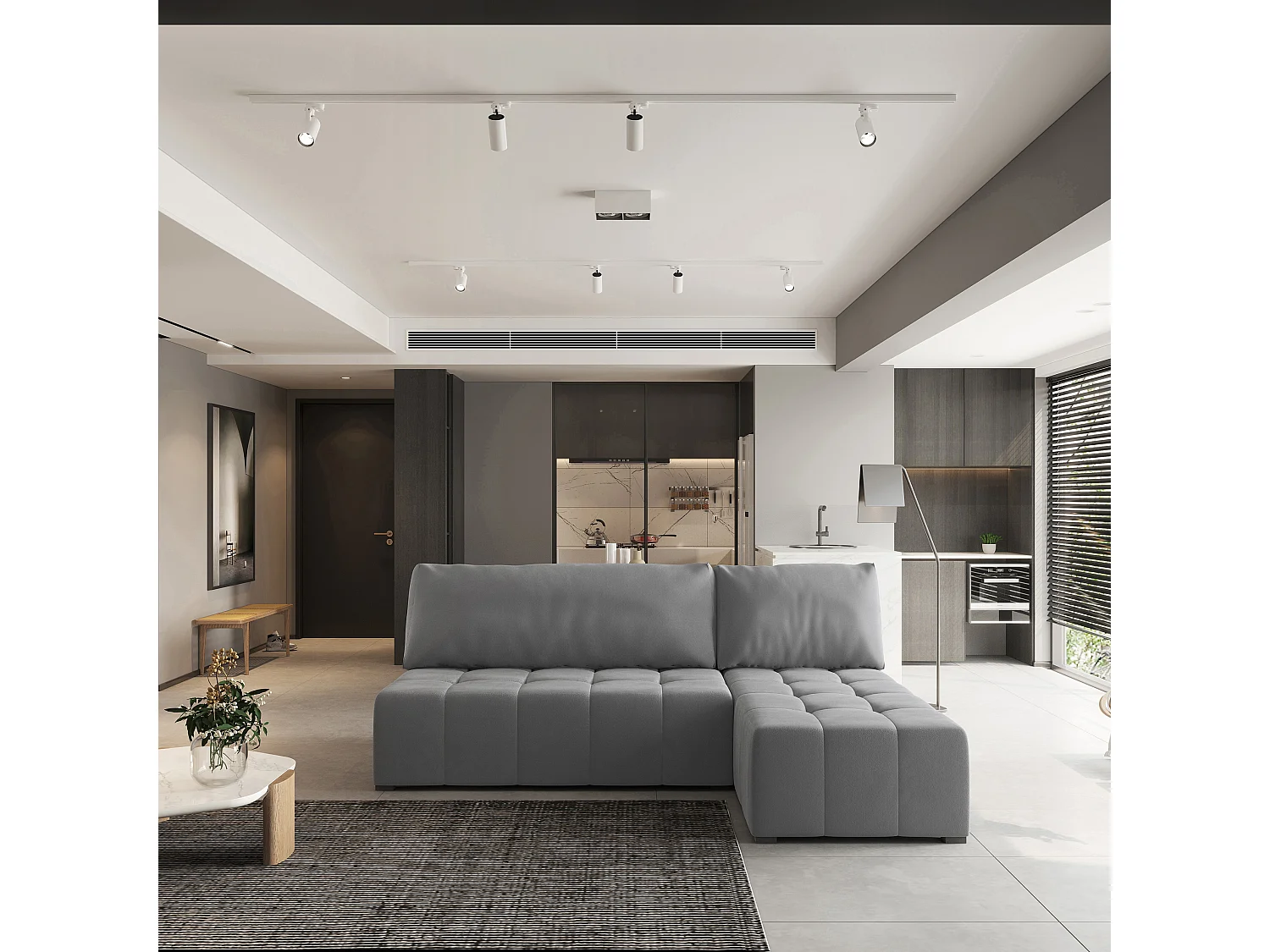 Canapé d'angle DOMIRA Gris en peluche avec fonction de couchage