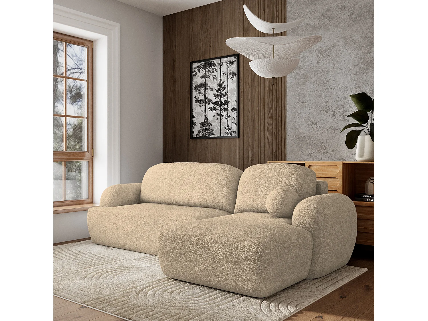 Canapé d'angle MODENZA Crème en bouclé avec fonction de couchage