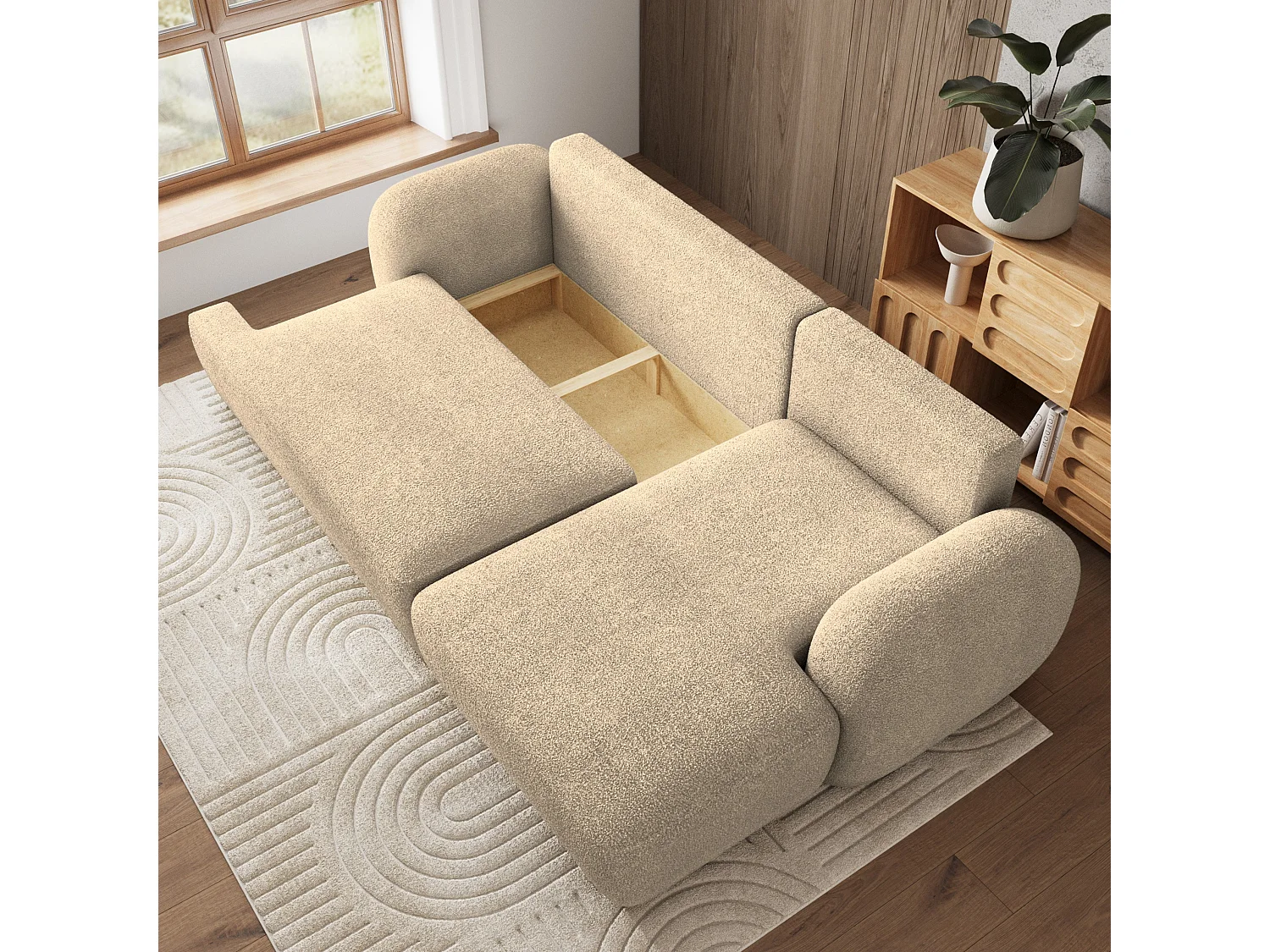 Canapé d'angle MODENZA Crème en bouclé avec fonction de couchage