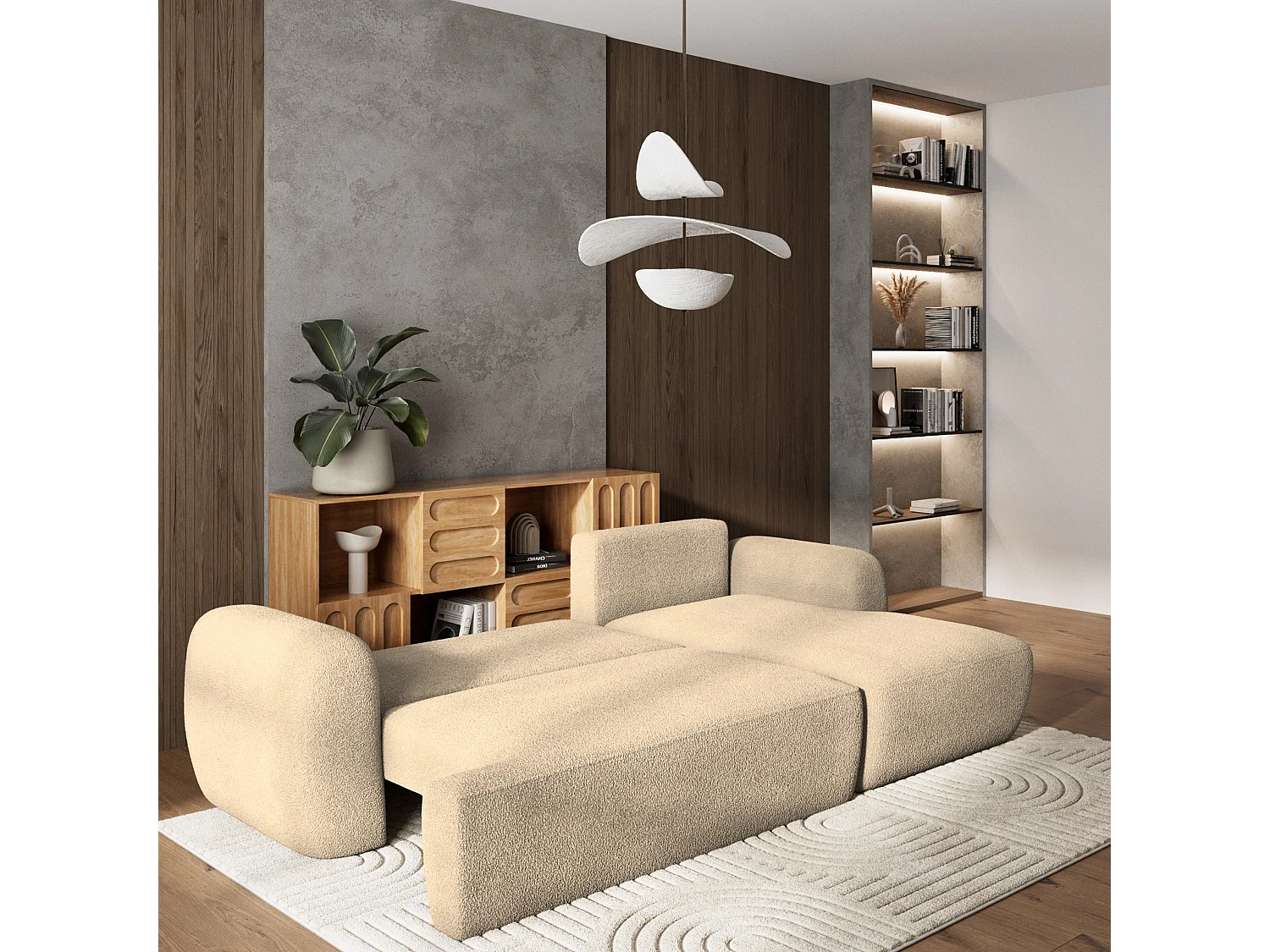 Canapé d'angle MODENZA Crème en bouclé avec fonction de couchage