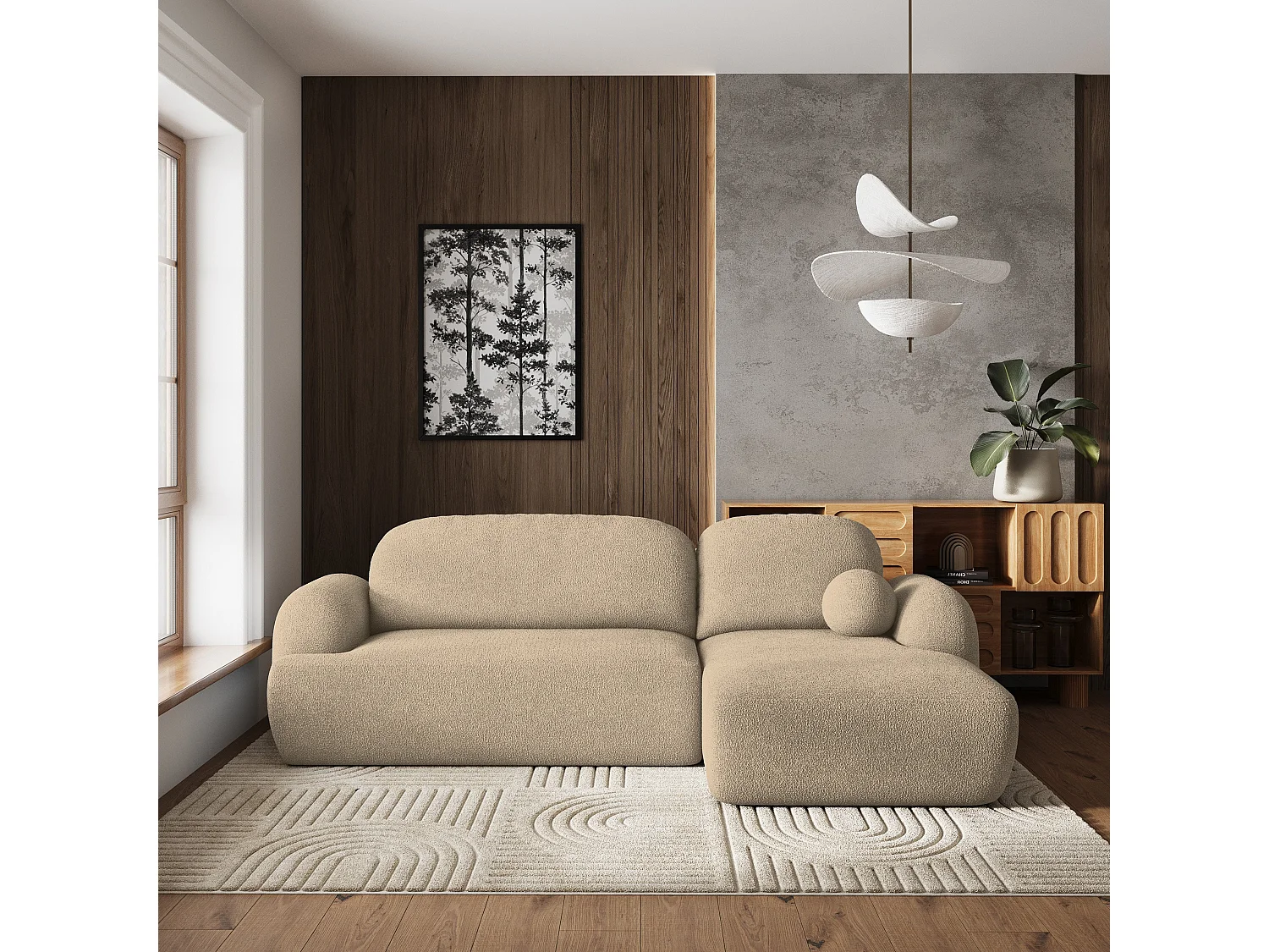 Canapé d'angle MODENZA Crème en bouclé avec fonction de couchage