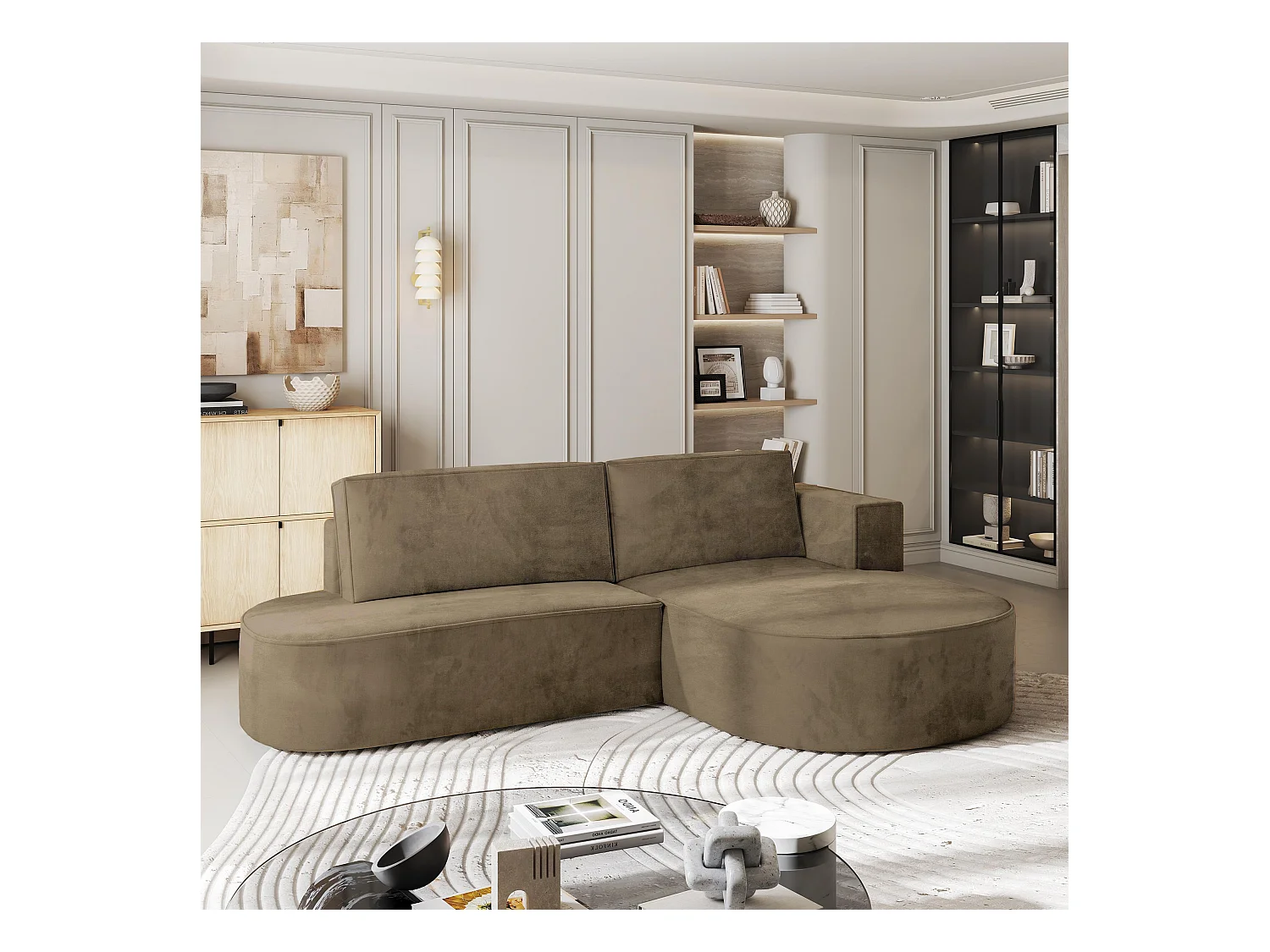 Canapé d'angle CORTIO Beige en velours avec fonction de couchage