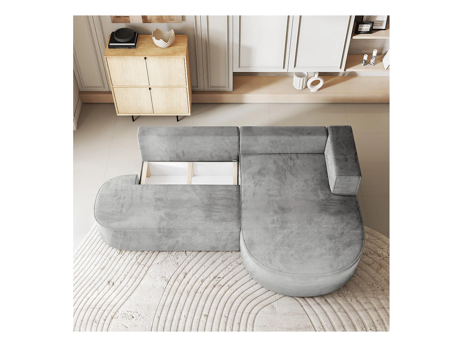 Canapé d'angle CORTIO Beige en velours avec fonction de couchage