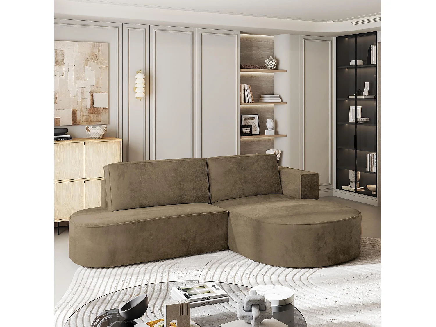 Canapé d'angle CORTIO Beige en velours avec fonction de couchage