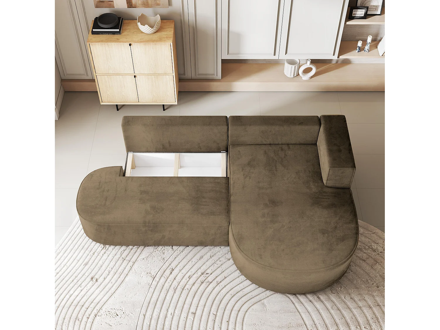 Canapé d'angle CORTIO Beige en velours avec fonction de couchage