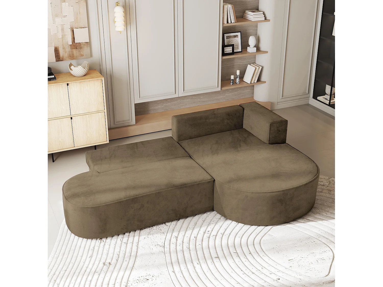Canapé d'angle CORTIO Beige en velours avec fonction de couchage