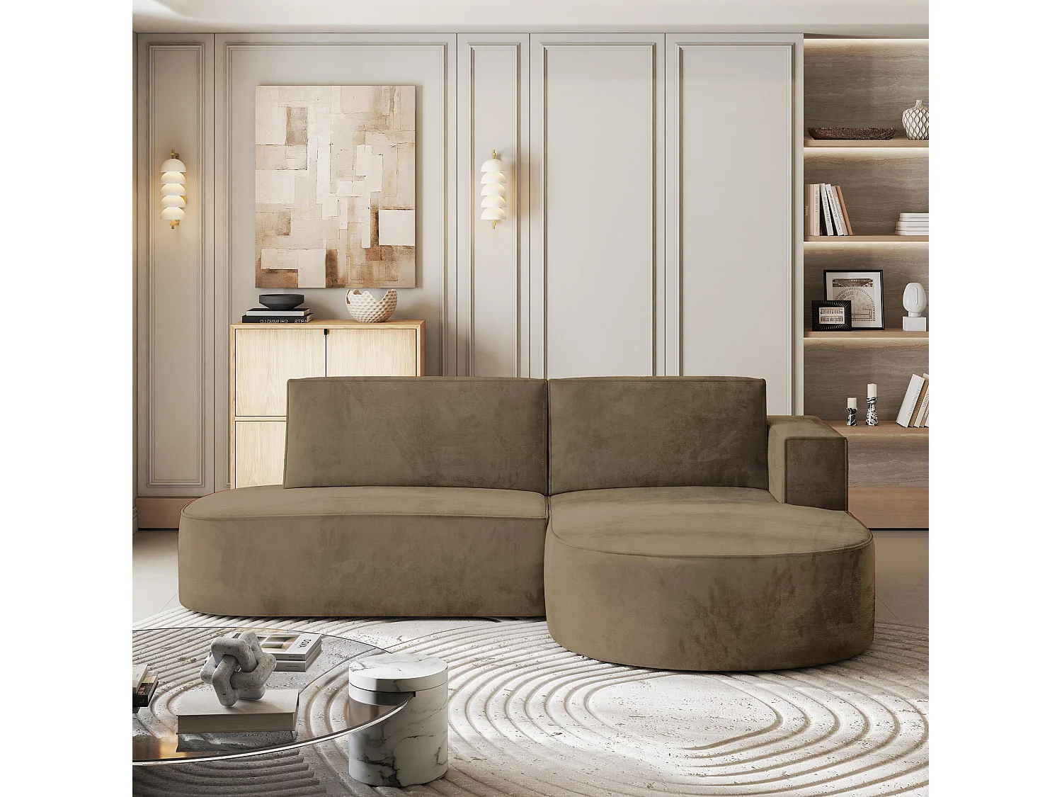 Canapé d'angle CORTIO Beige en velours avec fonction de couchage