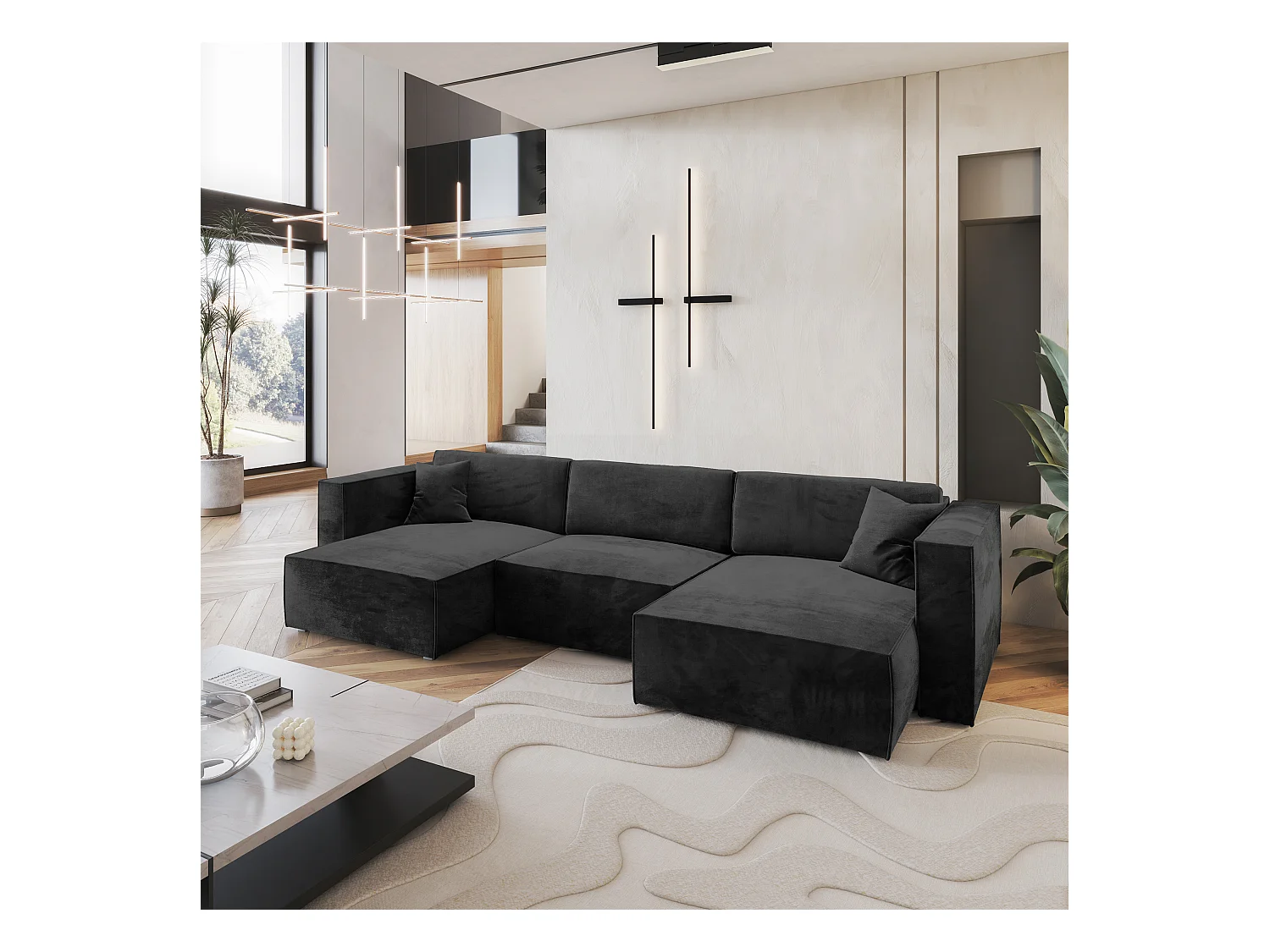 Canapé d'angle SARMO Noir en velours avec fonction de couchage