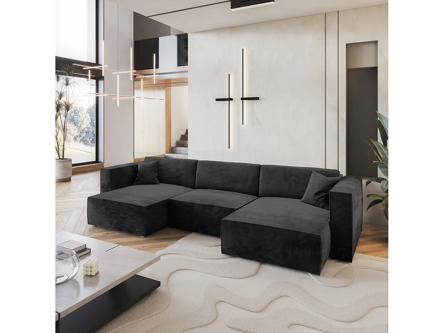 Canapé d'angle SARMO Noir en velours avec fonction de couchage