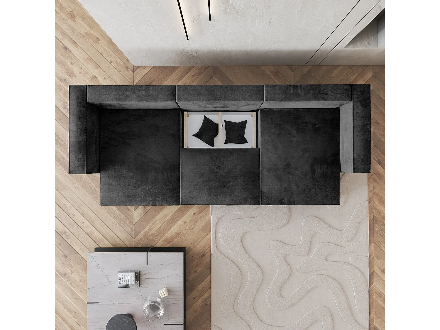 Canapé d'angle SARMO Noir en velours avec fonction de couchage