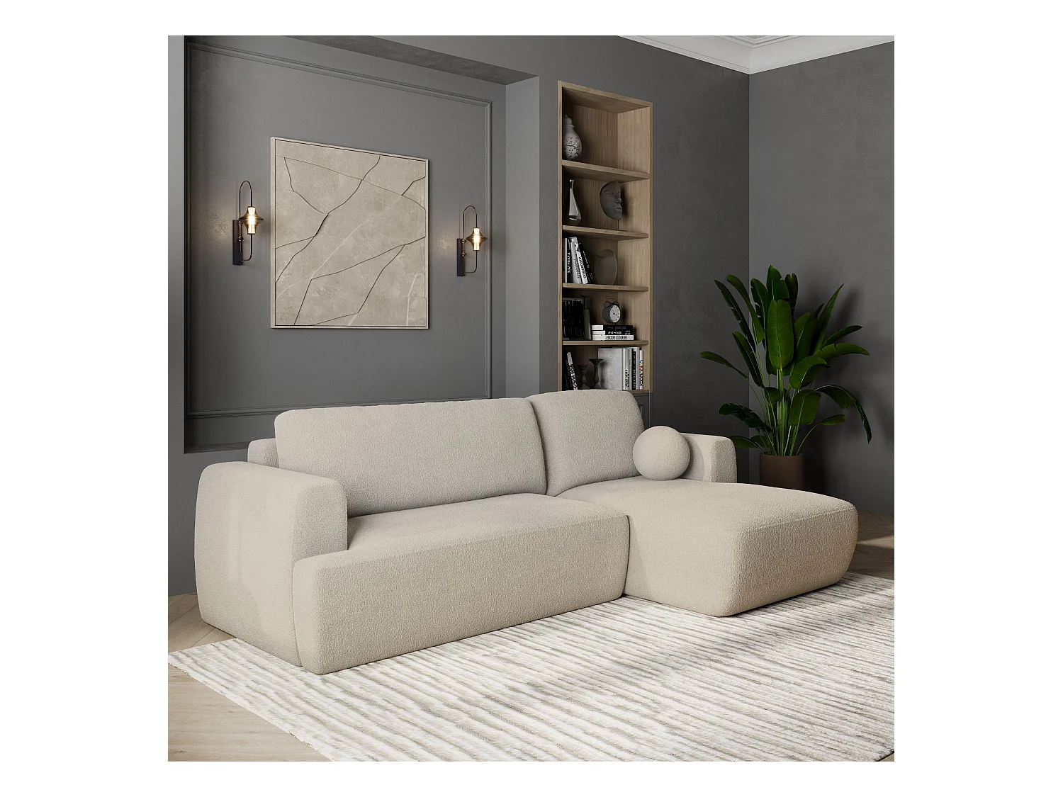 Canapé d'angle SENTI Crème en bouclé avec fonction de couchage