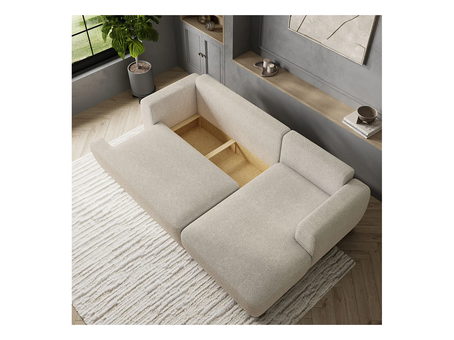 Canapé d'angle SENTI Crème en bouclé avec fonction de couchage