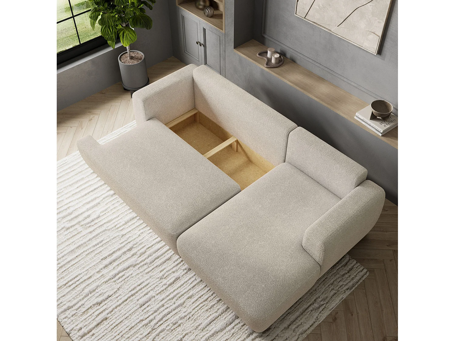 Canapé d'angle SENTI Crème en bouclé avec fonction de couchage