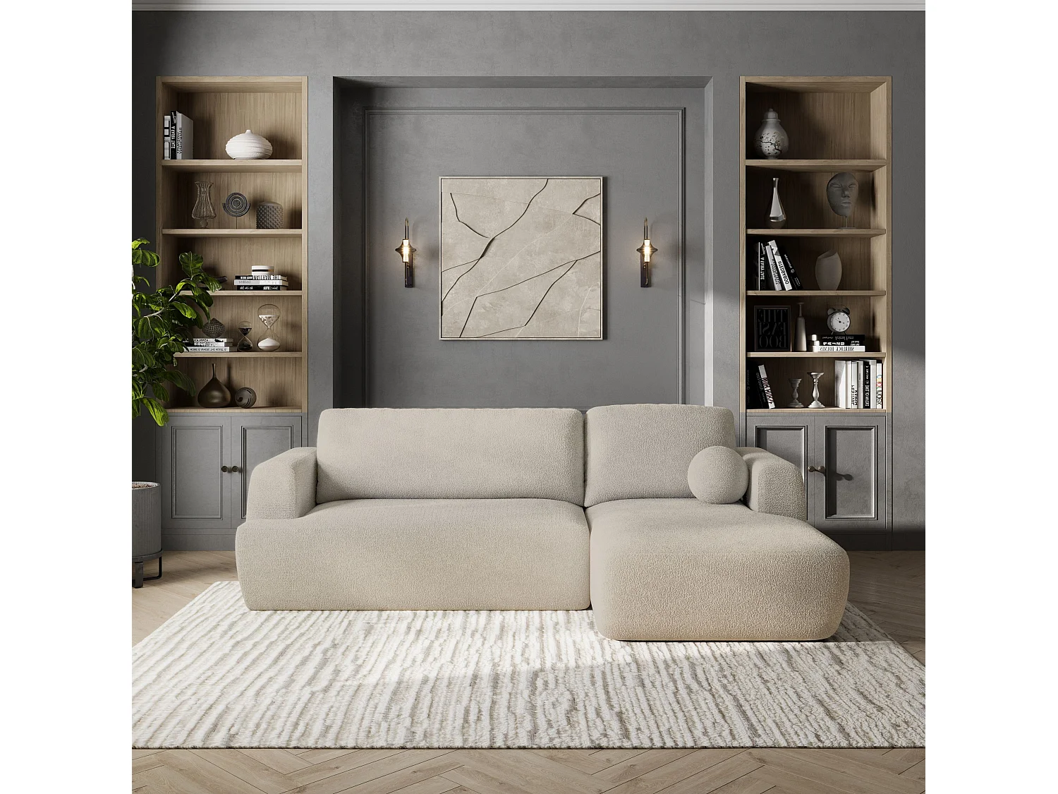 Canapé d'angle SENTI Crème en bouclé avec fonction de couchage