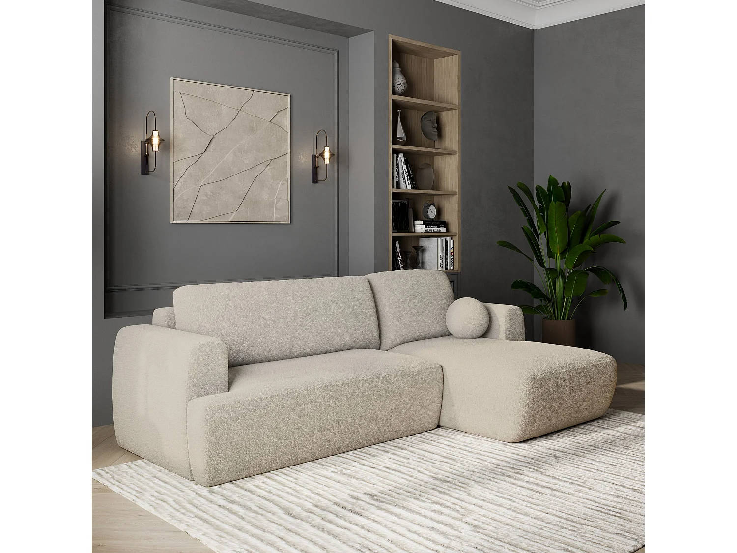 Canapé d'angle SENTI Crème en bouclé avec fonction de couchage