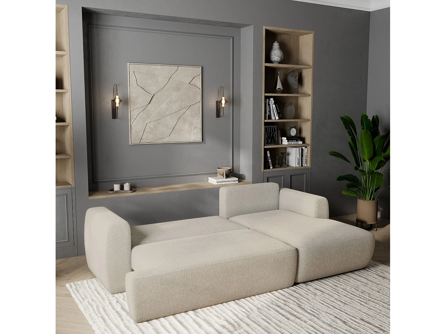 Canapé d'angle SENTI Crème en bouclé avec fonction de couchage