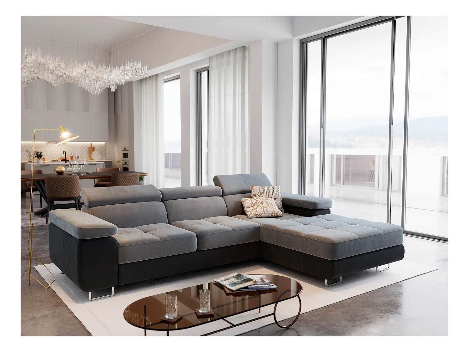 Canapé d'angle ELMA Gris clair en velours avec fonction de couchage