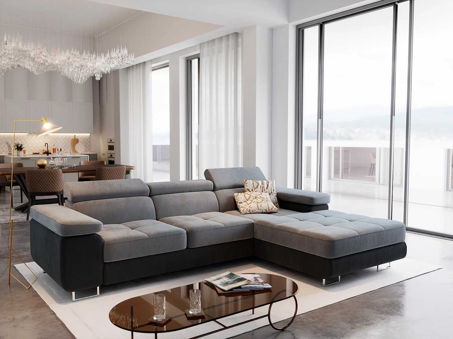 Canapé d'angle ELMA Gris clair en velours avec fonction de couchage